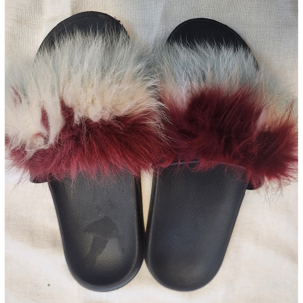 Black molded slide sandals featuring‎ a multi-colored faux Fur Strap Size 11